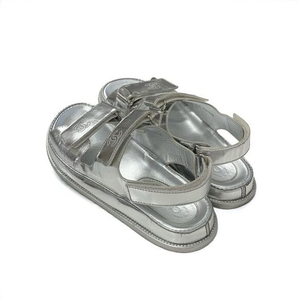 Chanel Sandals Shoes Leather Silver Coco Mark Velcro - Picture 4 of 10